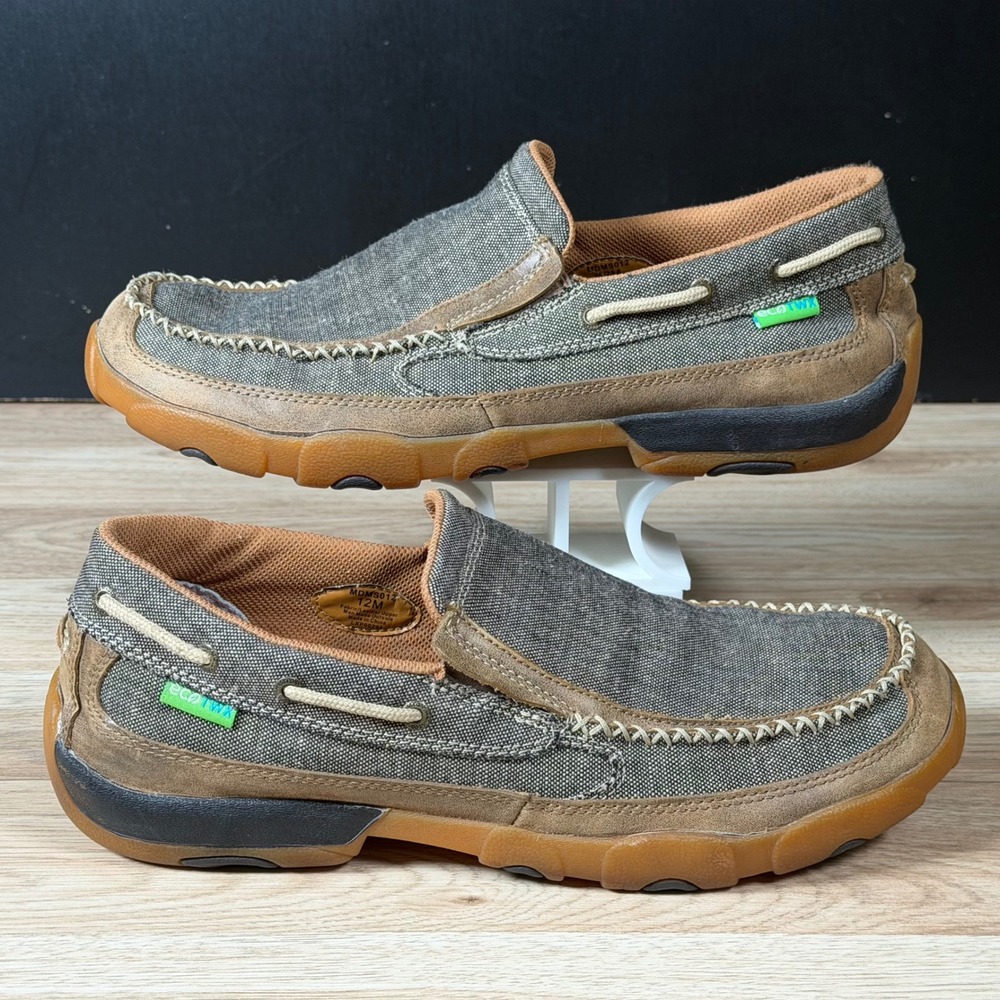 Twisted X Driving Loafers Men 12 Brown Gray Canvas Leather Slip On Moc Toe Shoes